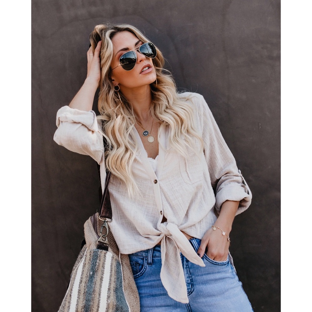 Lilly Linen Button Down Tie Top - Shell
